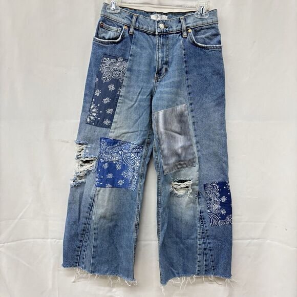 Free People Denim - Free People We The Free Patchwork Wide-Leg Pieced Cropped Jeans Sz 27
